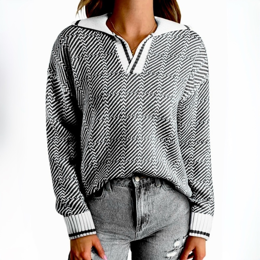 Women Lapel V Neck Striped Sweater Drop Shoulder Long Sleeve Pullover